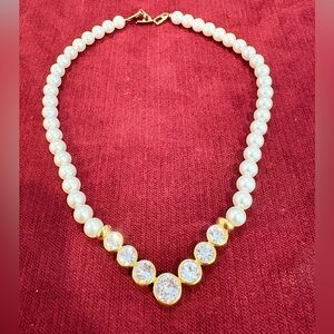 Never Use Napier Imitation Pearl V-Shape Necklace with Rhinestones